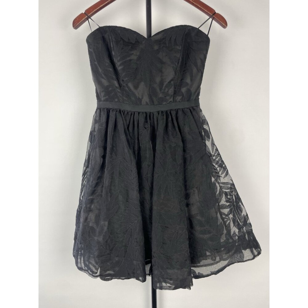 GUESS Strapless Fit n Flair Jacquard Mesh Foliage Print Black Mini Dress Size‎ 2